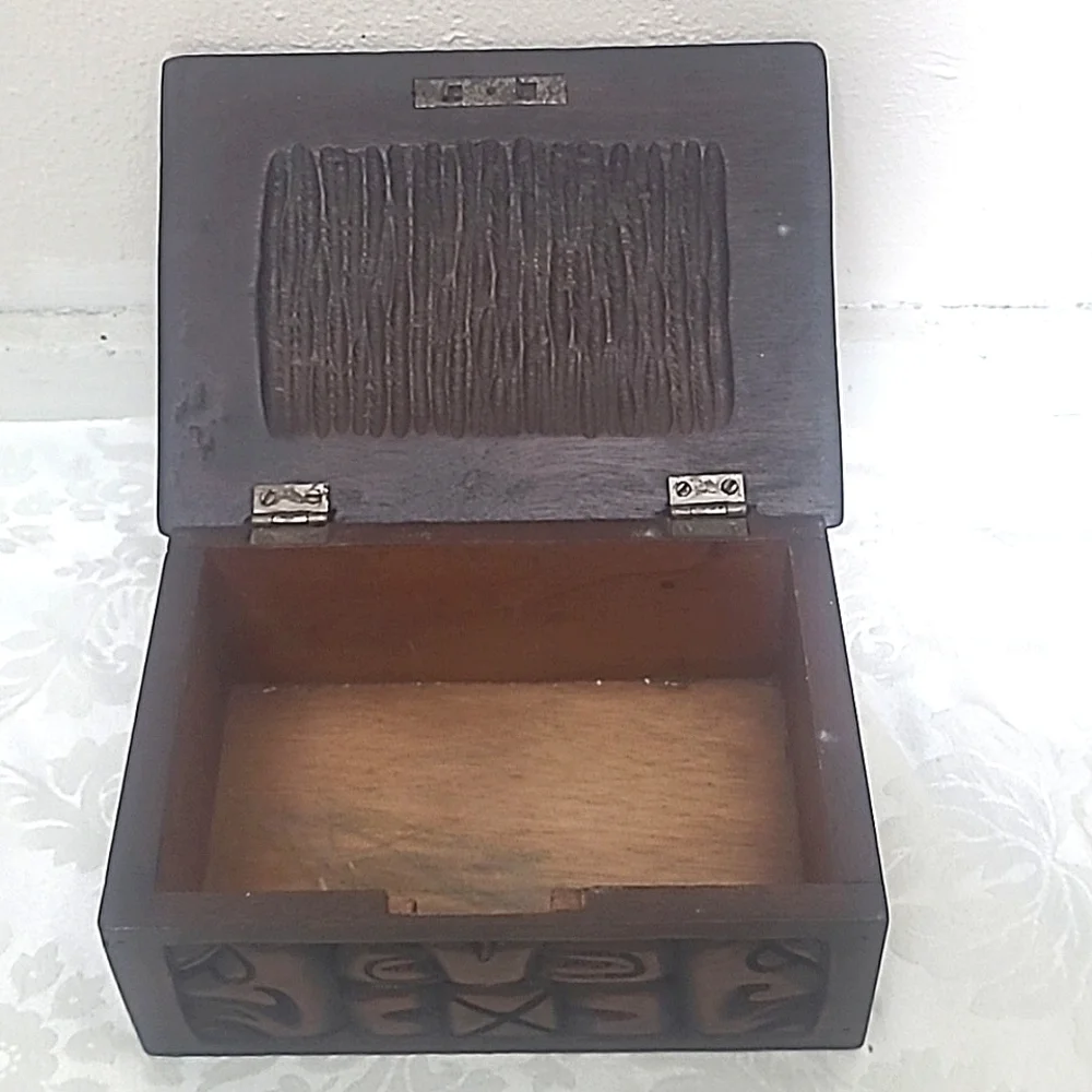 Wooden Humidor Box Stained Carved Man Tribal Tiki  Cigar Box Vintage
